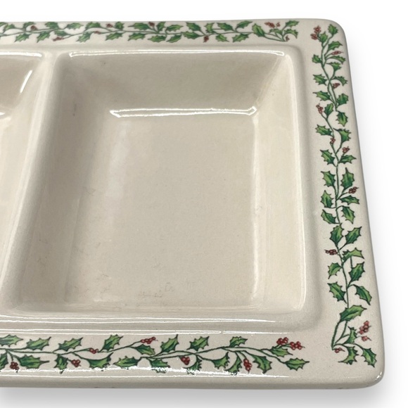 Ceramic Christmas Vintage Off White Holly Berry Trim Platter w/ 3 Compartments - Picture 8 of 13